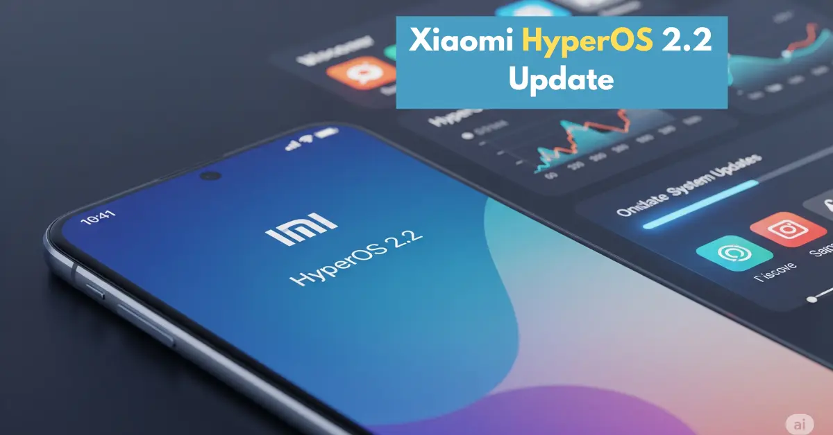 Xiaomi HyperOS 2.2 update interface displayed on a modern smartphone with colorful UI and digital dashboard